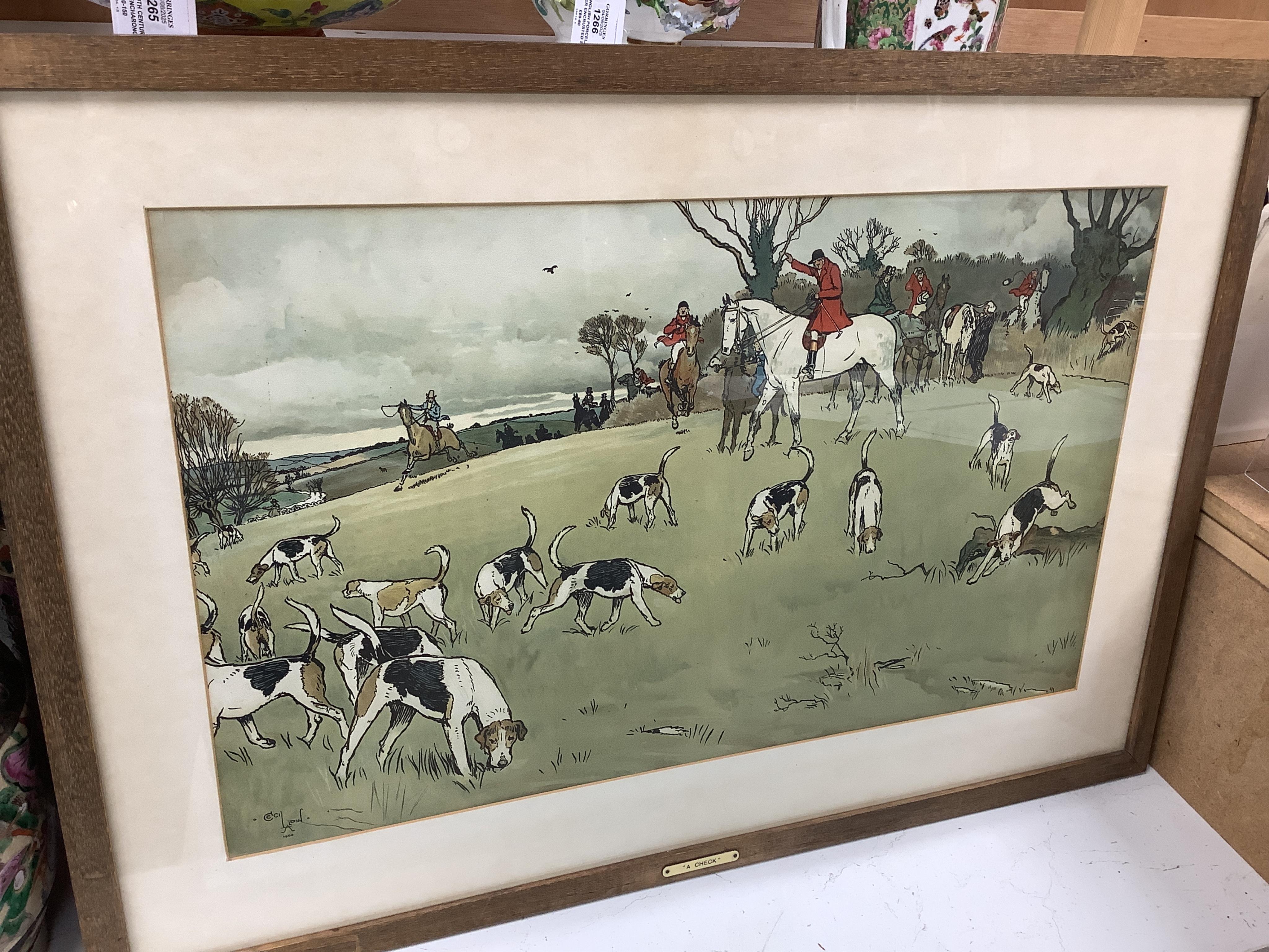 After Cecil Aldin (1870-1935), set of six colour hunting interest prints, to include 'Breaking cover', 'The Breakfast' and 'Full Cry', 37 x 60cm